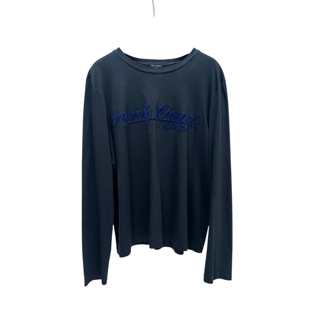 Chanel Gabrielle Black Cotton Long Sleeve Crew Neck Top Sz 48
